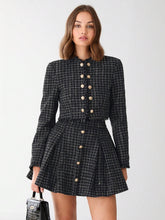 Enchnt Autumn Romantic Women's Black Plaid Elegant Fashionable Metal Buttons Decor Plaid A-Line Tweed Skirt,Fall Women Clothes